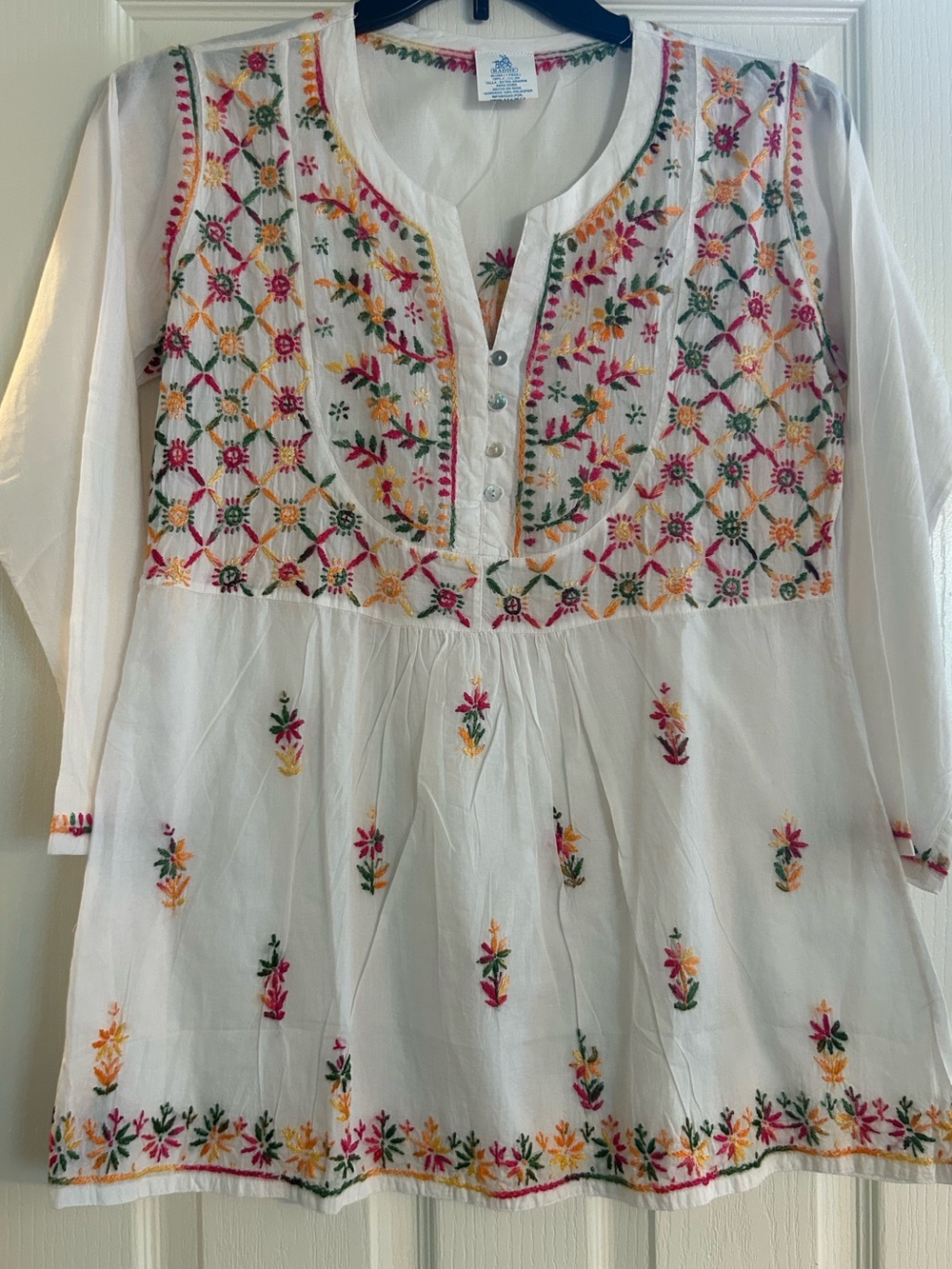 White Embroidered Cotton Tunic with Multicolor Floral Accents